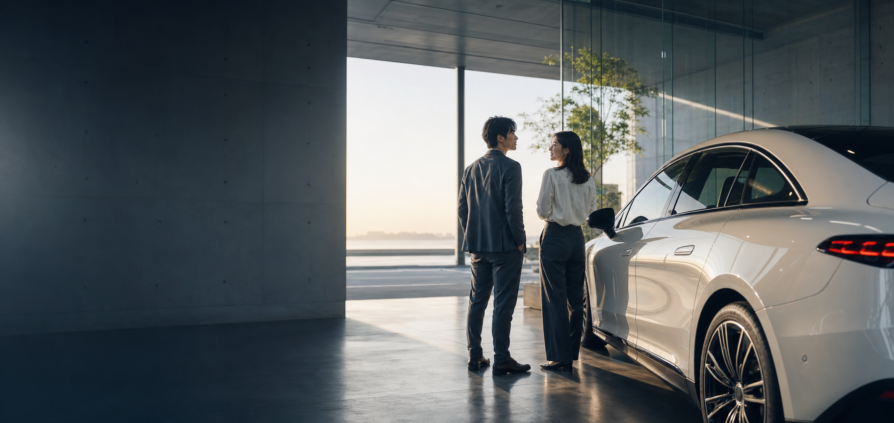 ショールームで車を前に語り合う社員